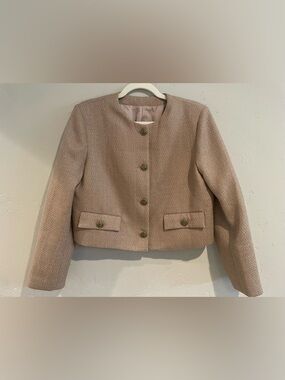 Womens Tan Tweed Collarless Jacket PTP 20